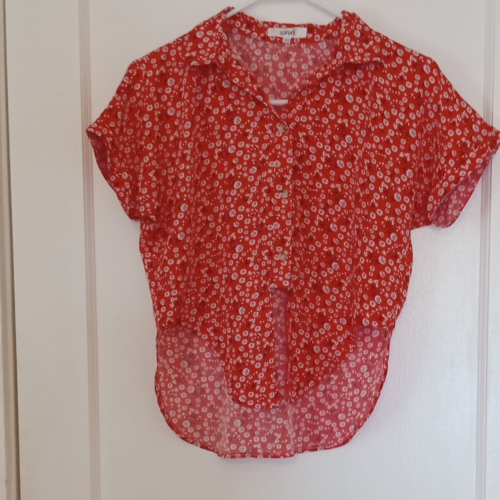 Red Short Sleeve Notched Collar Blouse